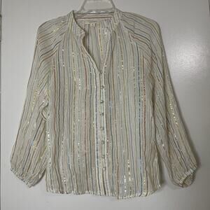 Anthropologie Valiante multi color metallic stripe ivory button front blouse XS